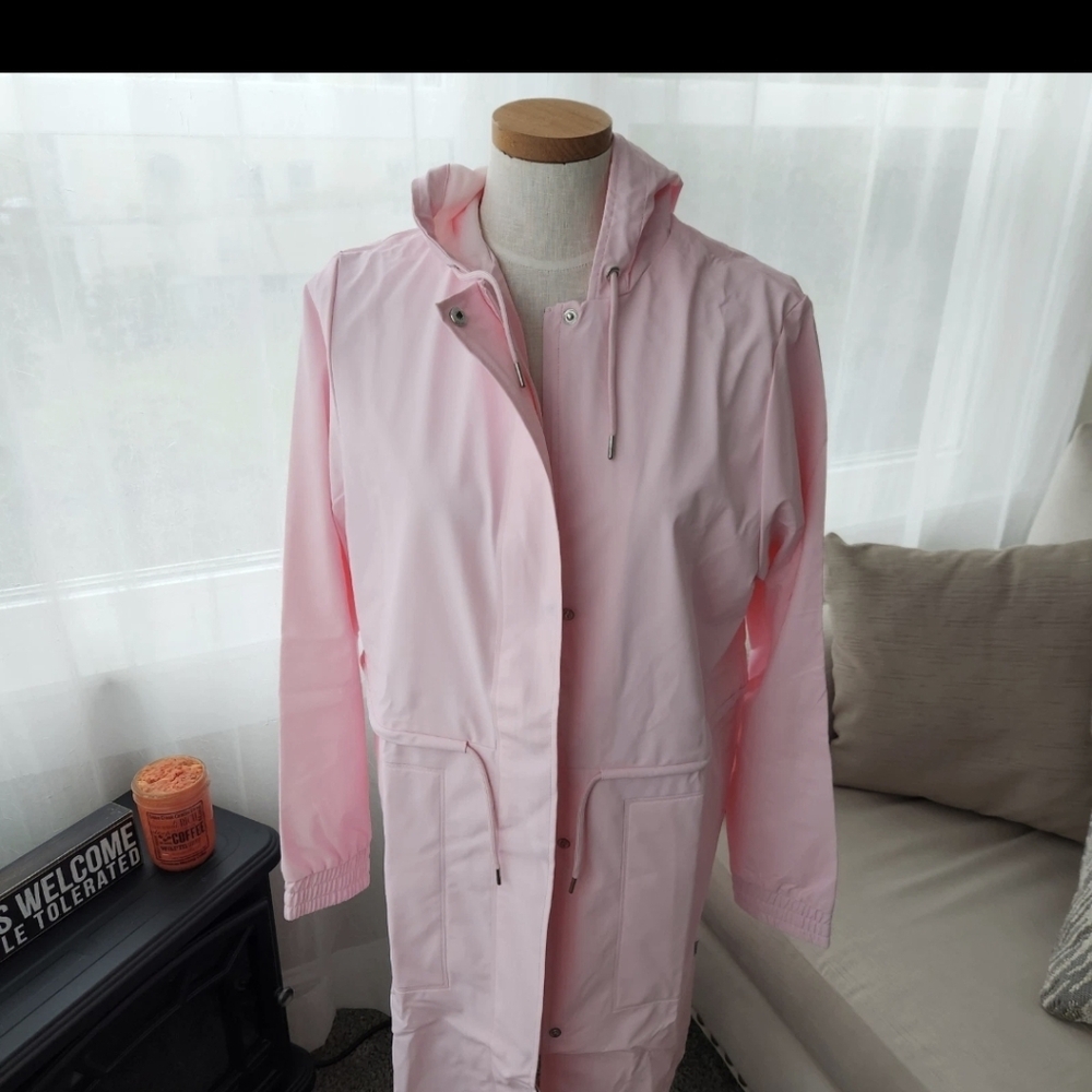 Rains Unisex Long Waterproof string parka Jacket, color Pink, NWT MSRP $155